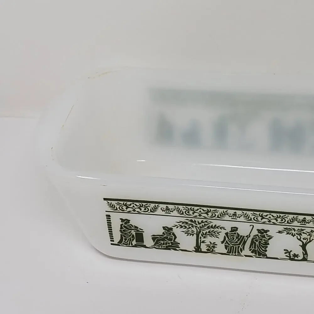 Glasbake Vintage White and Green glass Loaf pan Hellenistic Pattern Good